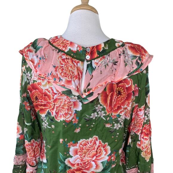 Farm Rio Anthropologie Elinor Tunic Dress Ruffles Long Sleeves Green Pink SMALL - Picture 7 of 14